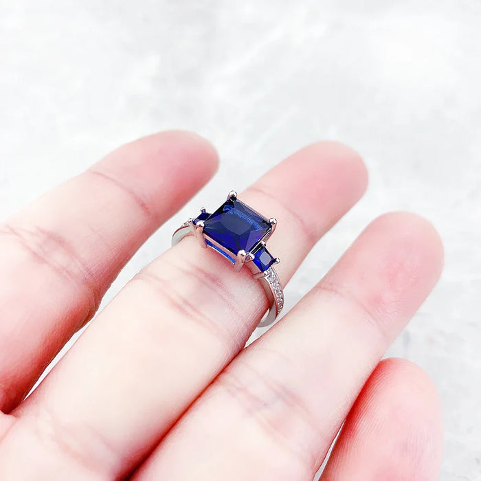 925 Sterling Silver Blue & White Square Stone Cocktail Ring Europe Style Fine Jewelry For Women