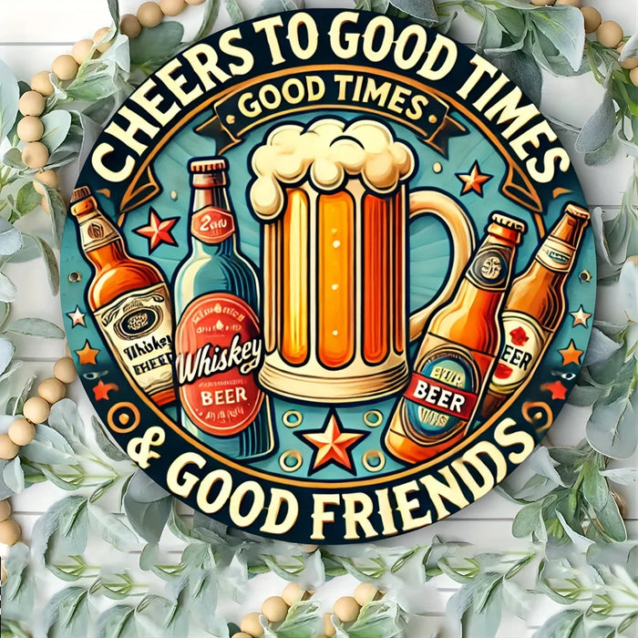 Vintage Round Beer & Whiskey Wall Sign