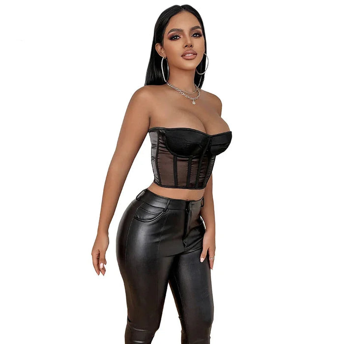Mesh Corset Top With Padded Cups Short Torso Bustier For Women Black Summer See Through Design