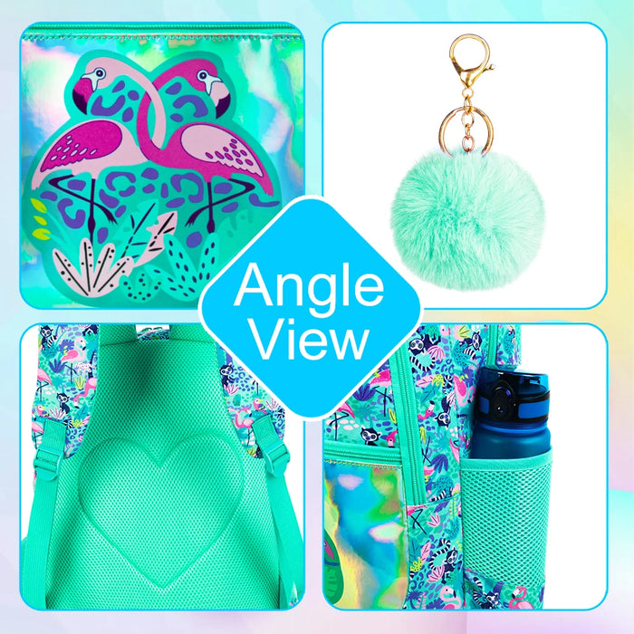 3 Piece Flamingo Backpack Set For Girls 16.5 Inch Bookbag With Lunch Box Waterproof Lightweight Kindergarten Ready