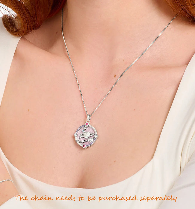 925 Sterling Silver Romantic Pink Heart Planet Pendant Jewelry For Women