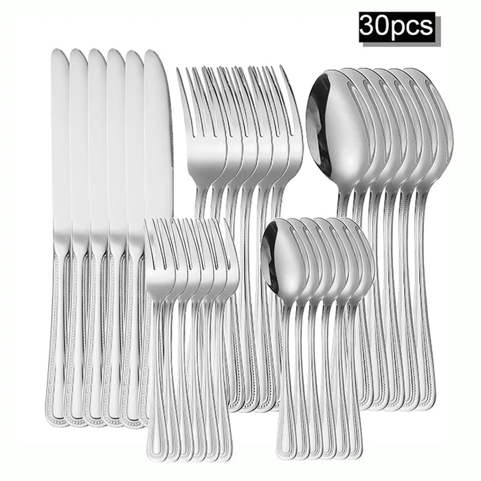 6 / 30 Piece Retro Bead Stainless Steel Tableware Set With Knife Fork And Spoon