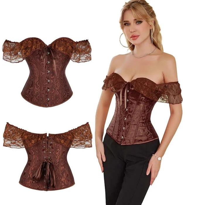Brown Steampunk Corset With Front Busk Closure Floral Lace And Puff Sleeves