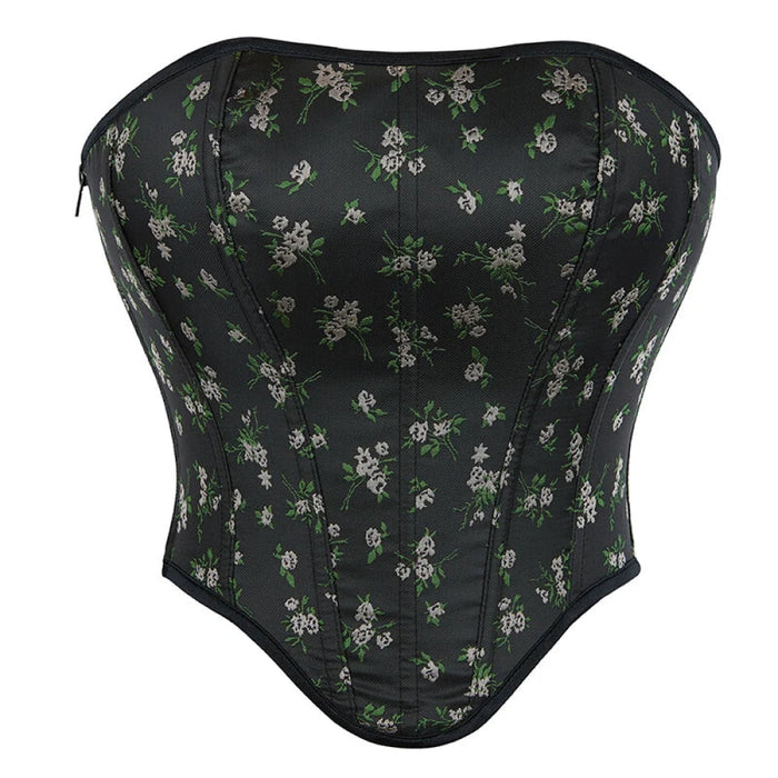 Rose Print Side Zipper Bustier Corset Slim Fit Lace Up Boned Satin Cropped Top For Women