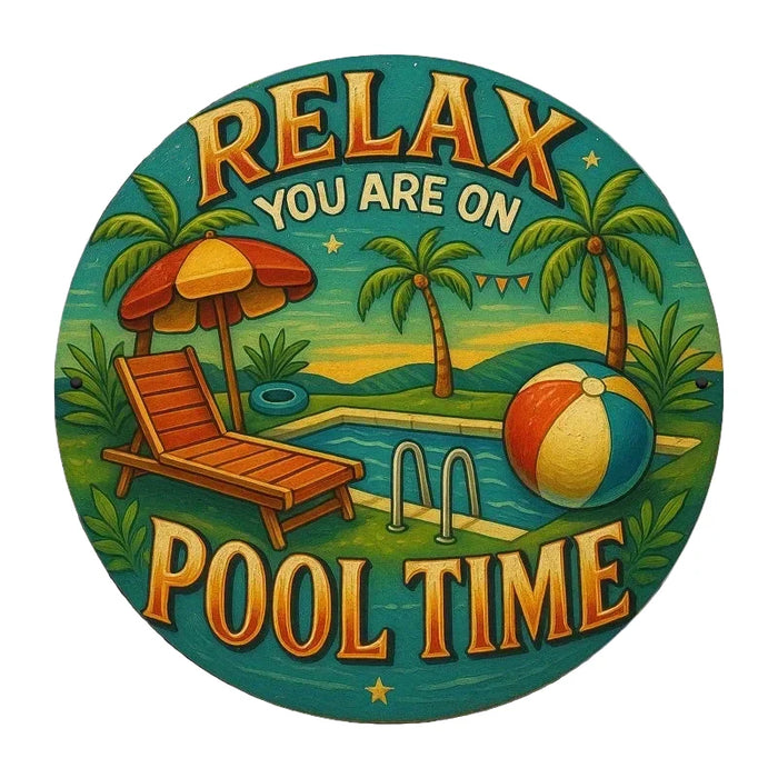 Vintage Pool Time Metal Sign Palm Trees & Lounge Chairs