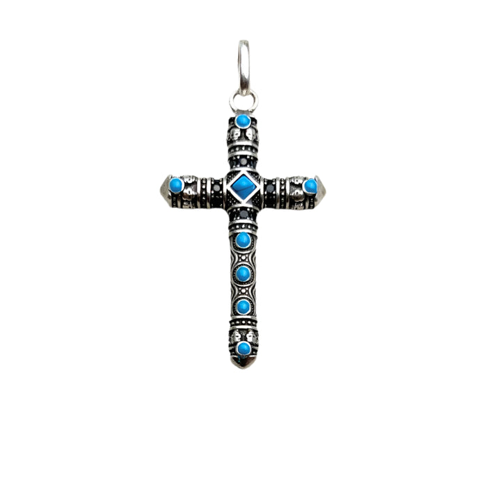 925 Sterling Silver Blue Stone Cross Pendant Faith Gift For Men & Women