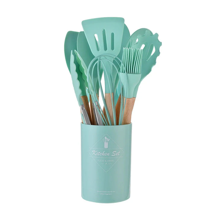 12 Piece Non Stick Silicone Kitchen Utensil Set With Wooden Handles