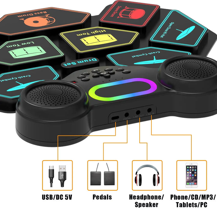 Portable Electronic Drum Set For Kids & Adults 9 Pads With Headphone Jack & Speaker