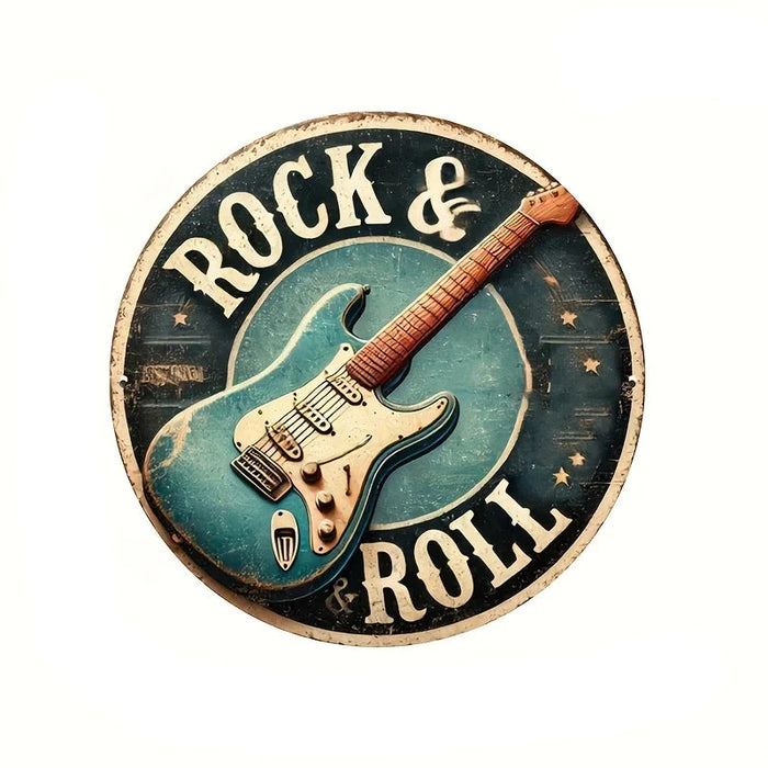 Vintage Style 8X8 Inch Round Aluminum Guitar Wall Art