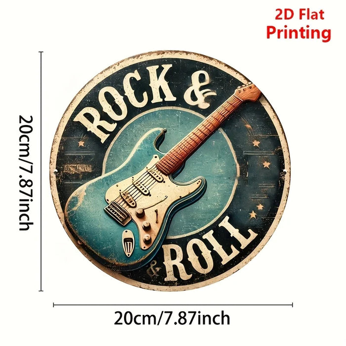 Vintage Style 8X8 Inch Round Aluminum Guitar Wall Art