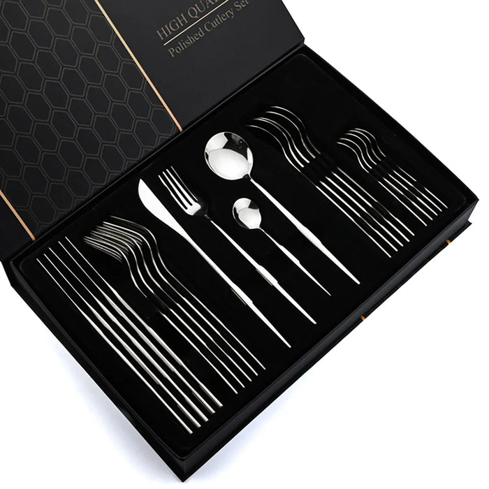 24 Piece Gold Flatware Set Stainless Steel Cutlery Gift Box Mirror Polished Western Food Steak Knife Spoon Elegant