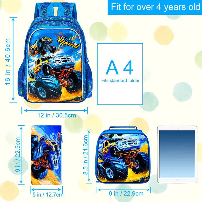 3 Piece Boys Backpack Set 16 Inch Cars Bookbag Lunch Box Elementary School