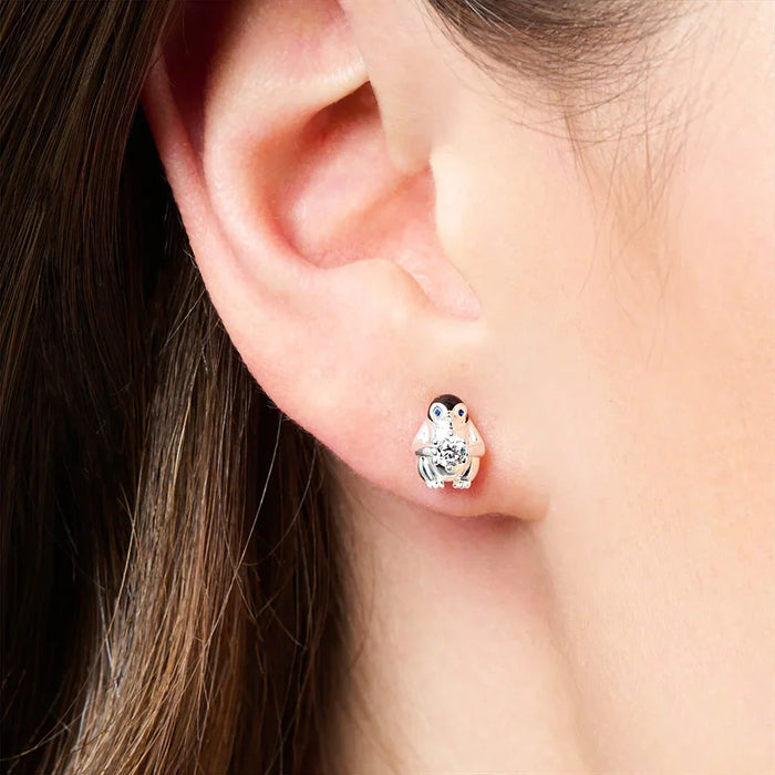925 Sterling Silver Penguin Stud Earrings White Stone