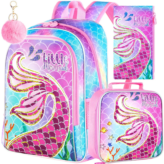 3 Piece Mermaid Backpack Set For Girls 16 Inch Preschool Bookbag Lunch Box
