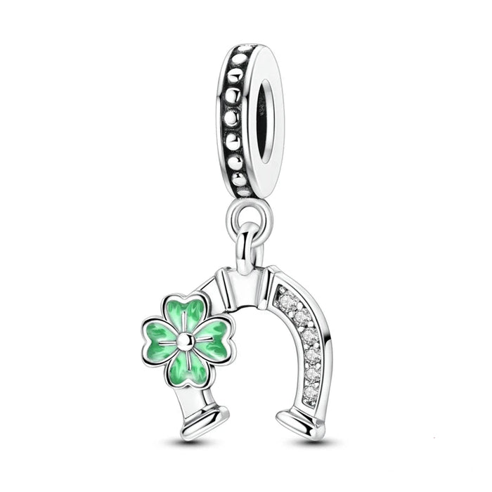 925 Sterling Silver Clover & Horseshoe Pendant Charms Fits Bracelet / Necklace Diy Gift For Women