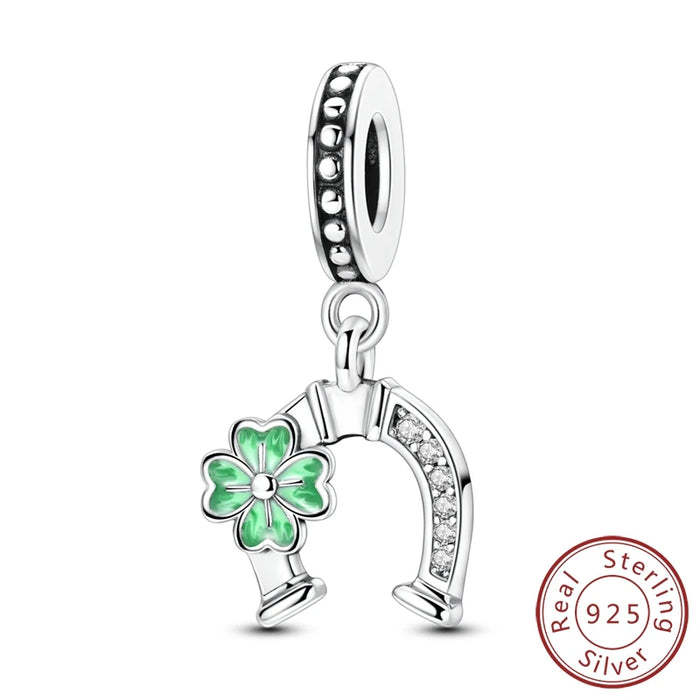 925 Sterling Silver Clover & Horseshoe Pendant Charms Fits Bracelet / Necklace Diy Gift For Women