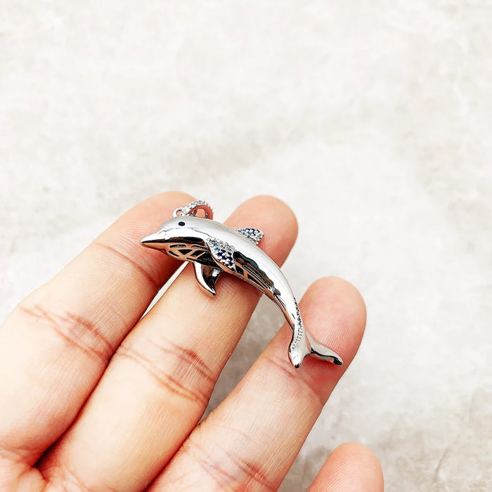 925 Sterling Silver Cheerful Dolphin Pendant With Blue Stones Jewelry Good Luck Gift For Women
