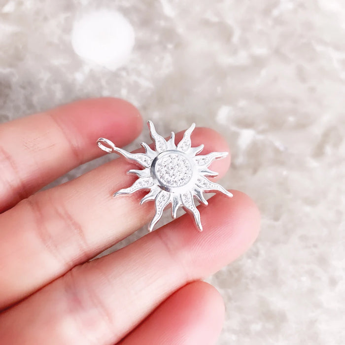 925 Sterling Silver Boho Sun Pendant With White Stone Pave European Style Fine Jewelry Gift For Women & Men