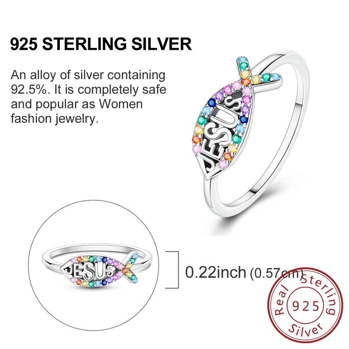 925 Sterling Silver Jesus & Fish Ring Coloured Zirconium Luxury Bands For Women Party Anniversary Wedding Gift