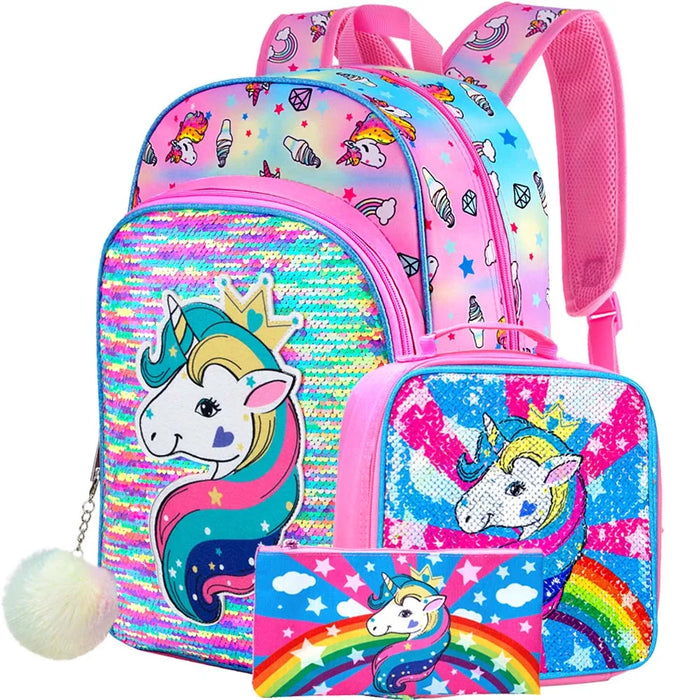 3 Piece Unicorn Backpack Set For Girls 16 Bookbag Lunch Box Sequin Design