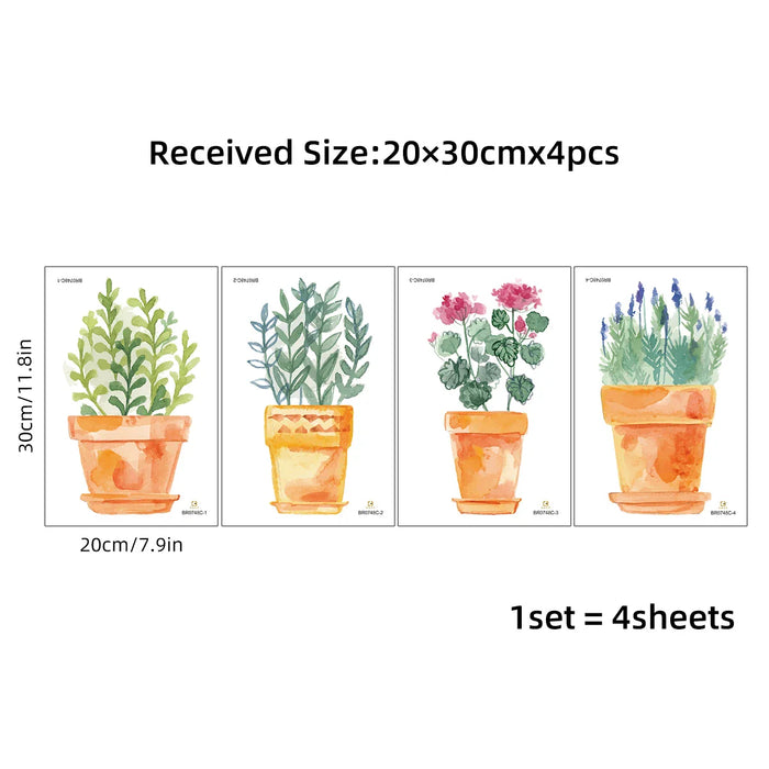 Watercolour Flower Wall Stickers 4Pc Set For Kitchen Living Room Bedroom Decor