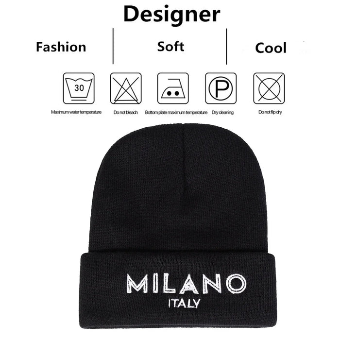 Stylish Unisex Embroidered Beanie Hat For Autumn / Winter Milano Italy Letter Design