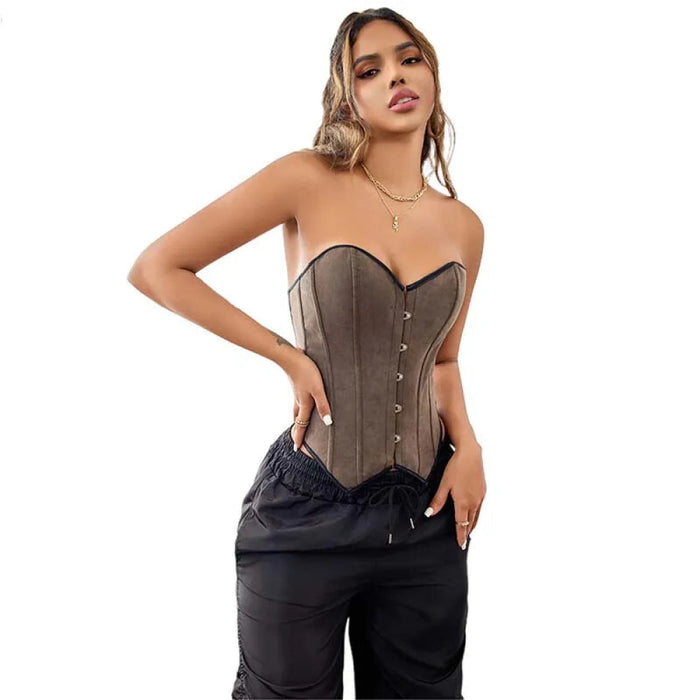 Army Green Steampunk Bustier Front Busk Back Tight Deep V-Neck Strapless Velvet Corset Top