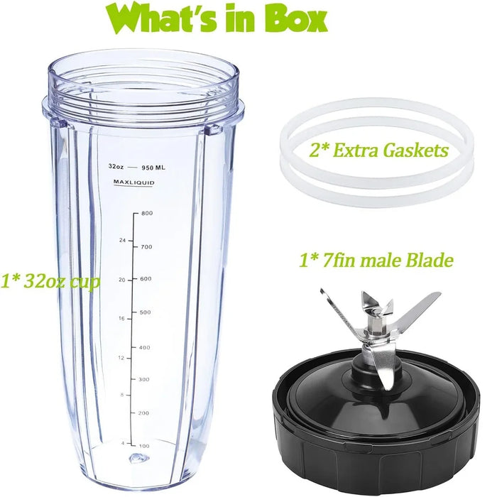 Replacement 7 Fins Male Blade & 32Oz Blender Cup Compatible For Nutri Ninja Blender [4 Inch Male 7 Fins Blade]