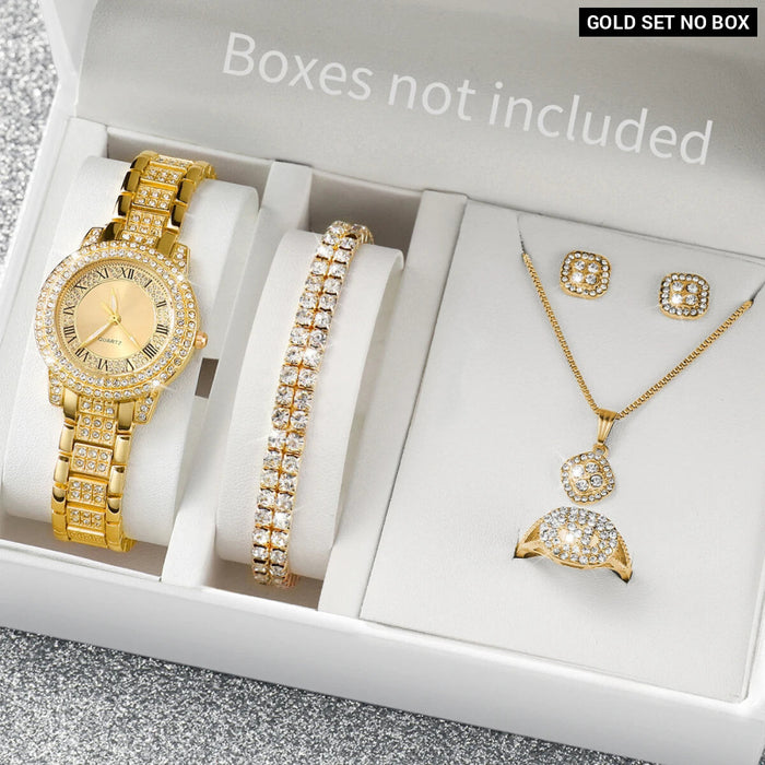 6 Piece Rhinestone Dial Quartz Watch Set Steel Band Diamond Accents