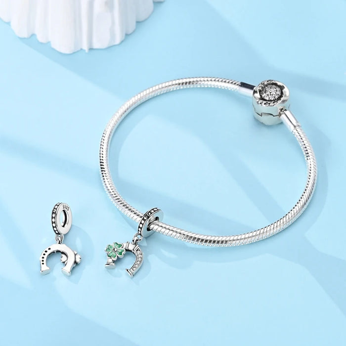 925 Sterling Silver Clover & Horseshoe Pendant Charms Fits Bracelet / Necklace Diy Gift For Women