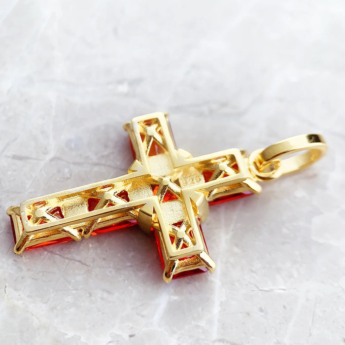 925 Sterling Silver Orange Stone Golden Cross Pendant Jewelry For Women