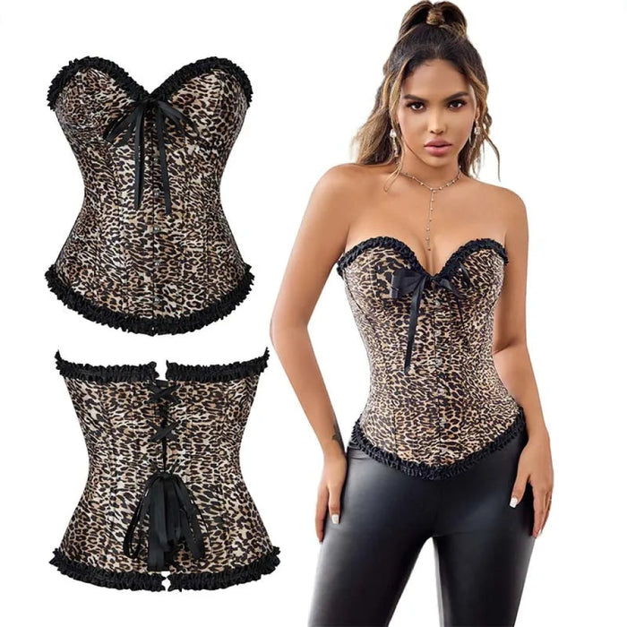 Adjustable Leopard Print Corset Fishbone Support Ruffled Top Xs-Xl Sizes