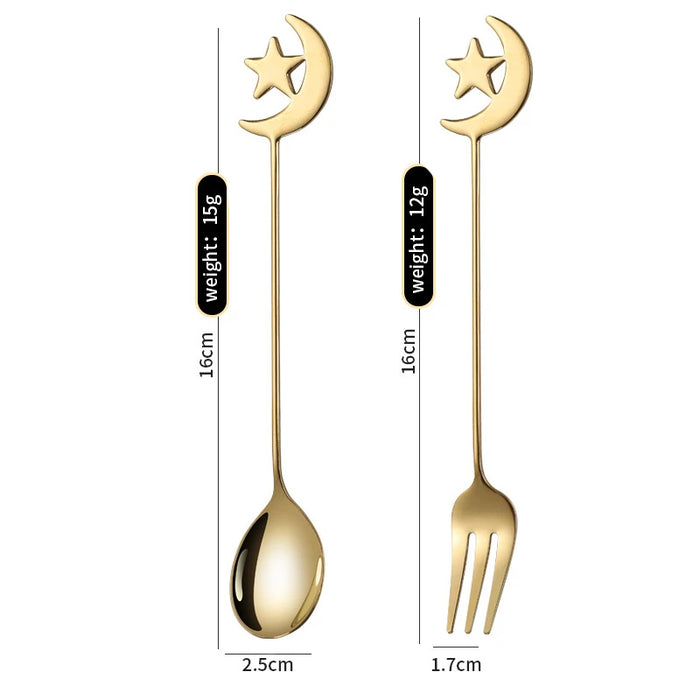 4 / 8 Piece Stainless Steel Star Moon Spoon & Fork Set For Coffee & Dessert
