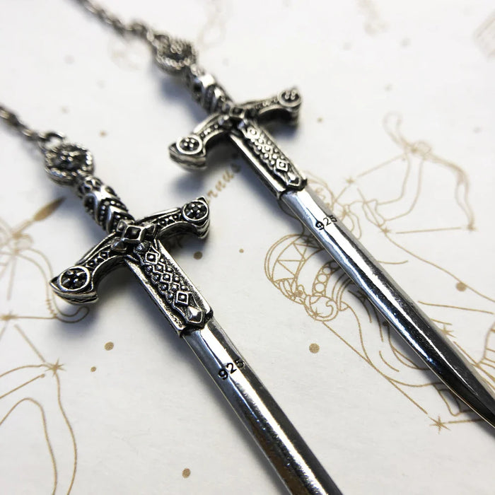 925 Sterling Silver Fantasy Sword Earrings Richly Ornamented Fine Jewelry For Women & Men