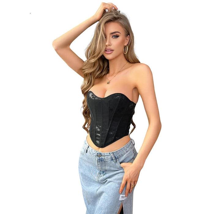 13 Women Gothic Bone-Supported Backless Bustier Pu Leather Corset Top With Back Zipper