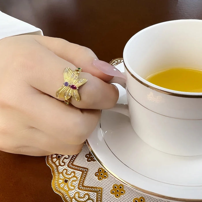 925 Sterling Silver Gold Butterfly Ring Delicate European Style Lucky For Women