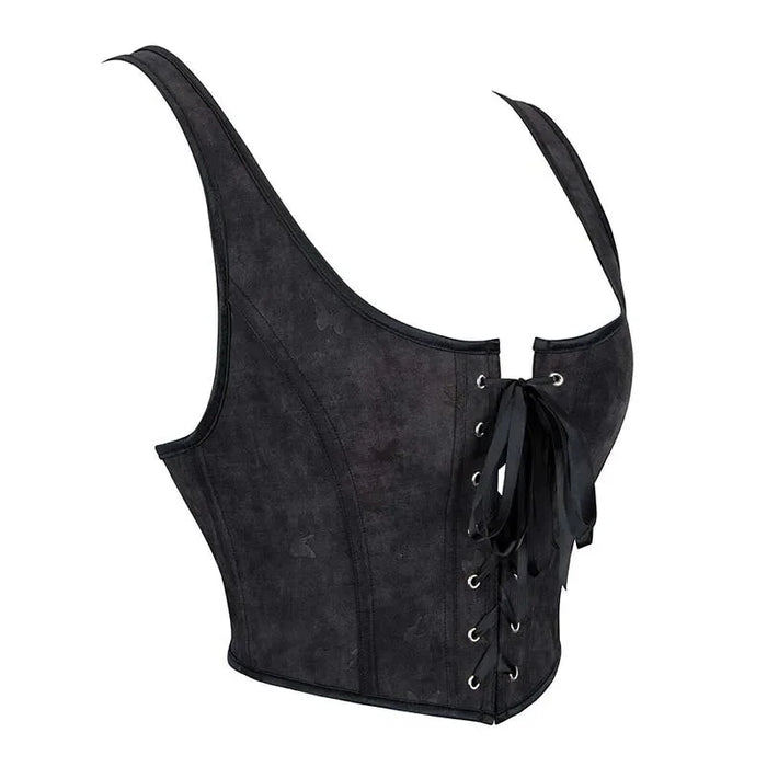 Black Gothic Slimming Vest Corset With Butterfly Detail Backless Boned And Lace-Up For Steampunk Style