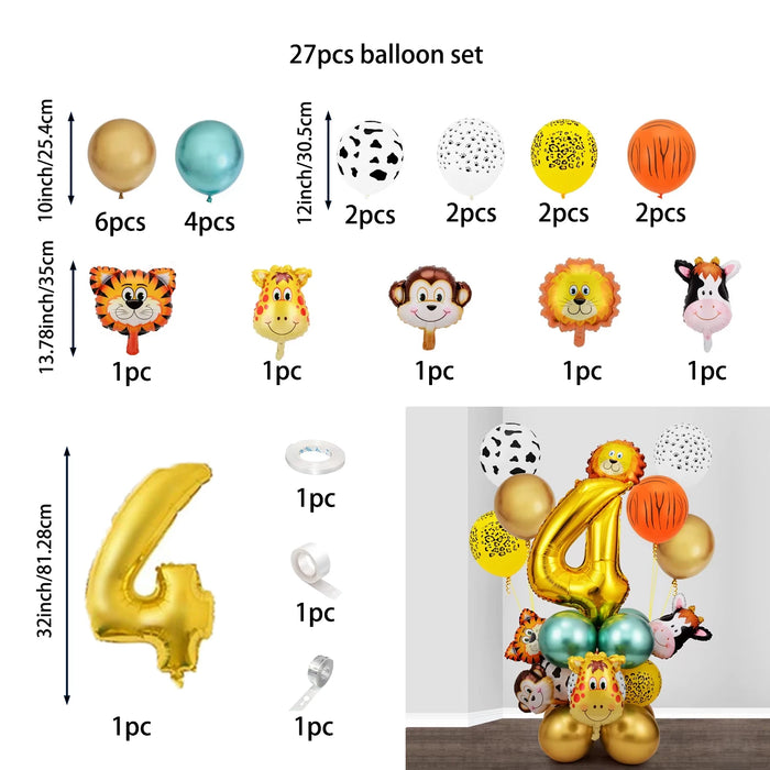 27Pcs Animal Balloons Gold Digital Balloons Jungle Animal Themed Birthday Party Decorate Anniversary Party