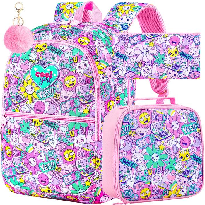 3 Piece Girls Backpack Set With Lunch Box 16.5 Inch Smile Face Waterproof