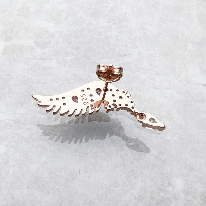 925 Sterling Silver Phoenix Wing Rose Gold Ear Studs With Pink Stones
