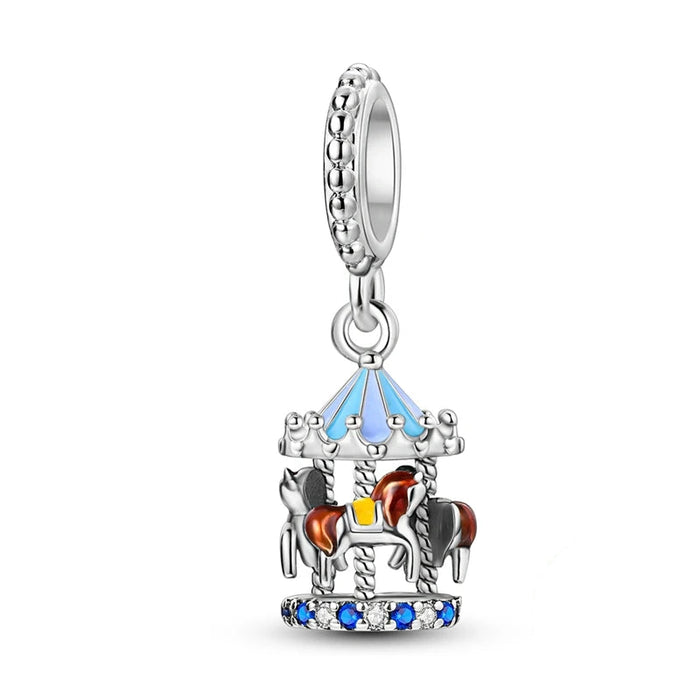 925 Sterling Silver Blue Carousel Pendant Charm Fits Necklace Or Bracelet Diy Gift For Women