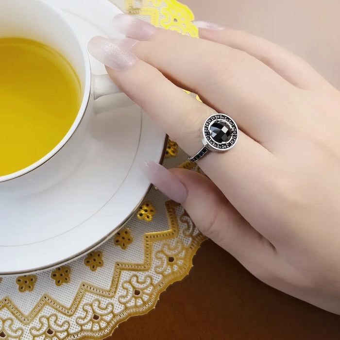 925 Sterling Silver Light Of Luna Black Solitaire Ring Europe Style Glam Fashion Jewelry