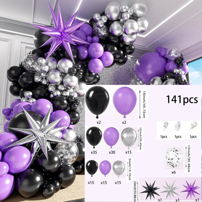 141Pcs Purple Black Silver Balloon Garland Arch Kit For Birthday Backgrounds Anniversaries Indoor And Outdoor Decorations