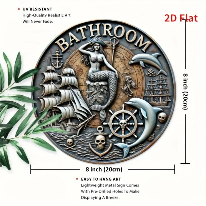 Vintage Mermaid Pirate Bathroom Sign Round Aluminum Wall Art