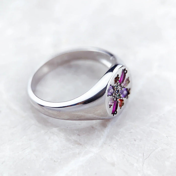 925 Sterling Silver Boho Flower Ring Colourful Stone European Style Fine Jewelry For Women