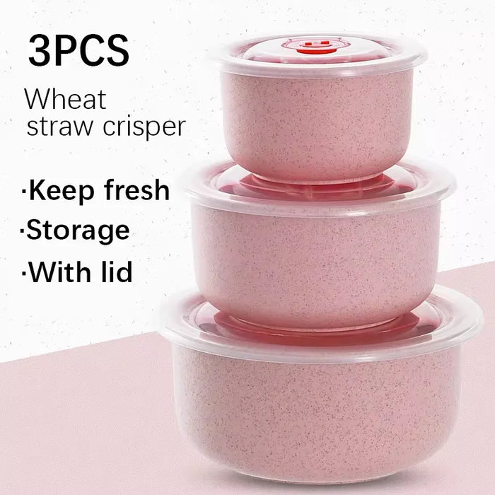 3 Piece Wheat Straw Fresh Keeping Bowl Set With Lid Microwaveable & Bpa Free