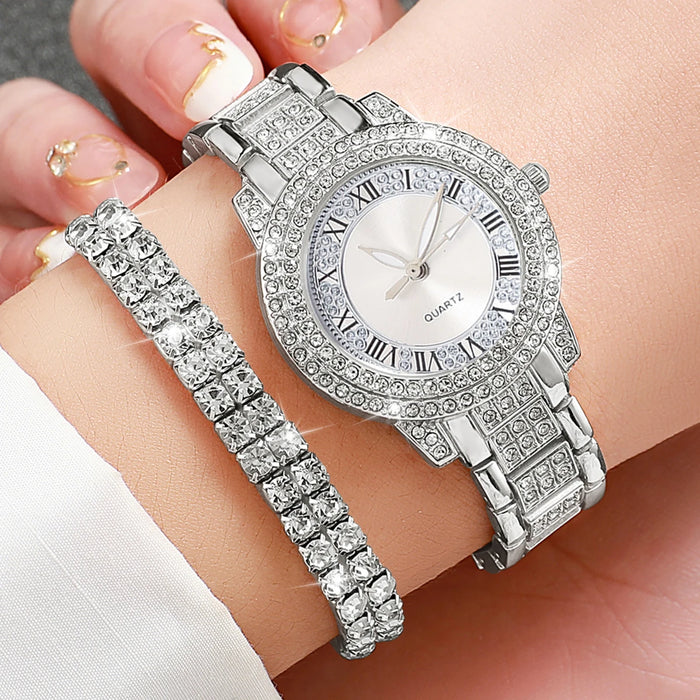6 Piece Rhinestone Dial Quartz Watch Set Steel Band Diamond Accents
