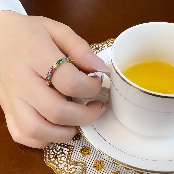 925 Sterling Silver Colourful Stones Ring Europe Style Fine Jewelry For Women Gold Colour