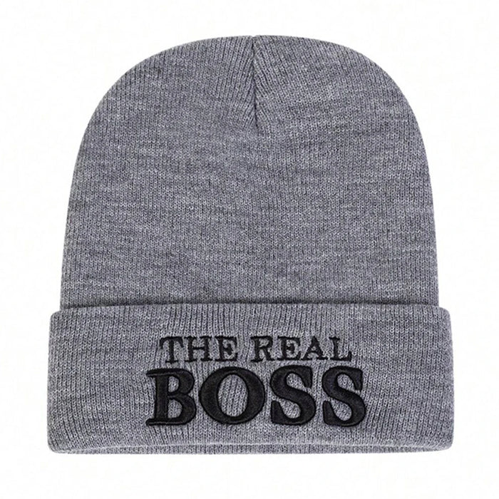 Unisex The Real Boss Embroidered Beanie Hat Autumn Winter Warm Cap For Women Men