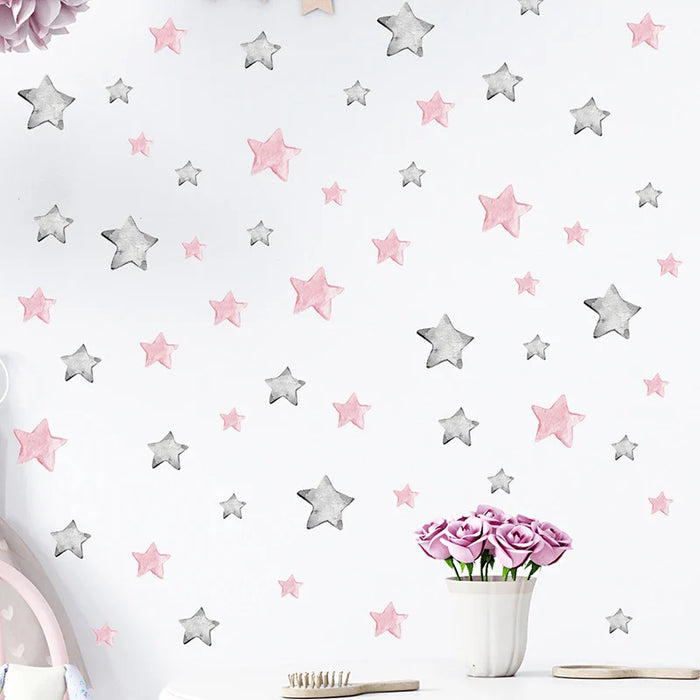 56 Watercolour Pink Grey Stars Wall Stickers For Kids Room Decor
